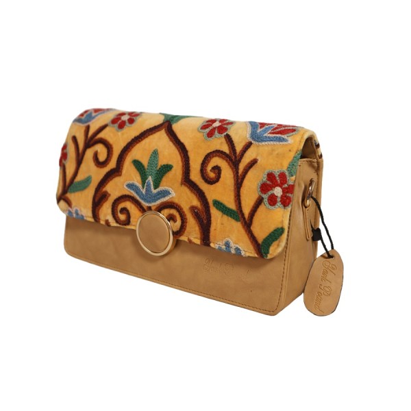 Kashmiri Embroidered Floral Clutch Bag striking yellow fabric flap