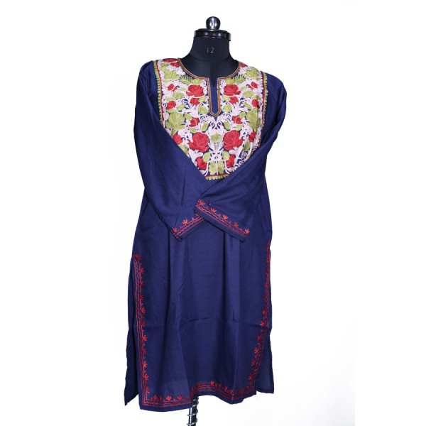 Navy Blue Floral Kashmiri Embroidery Pheran .