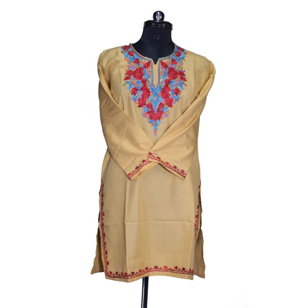 Light beige or cream, vibrant floral embroidery  Pheran