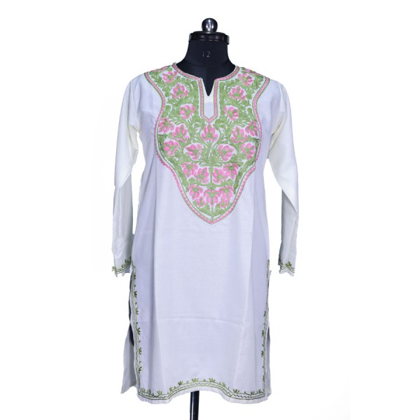 Embroidered White pheran with Floral Design