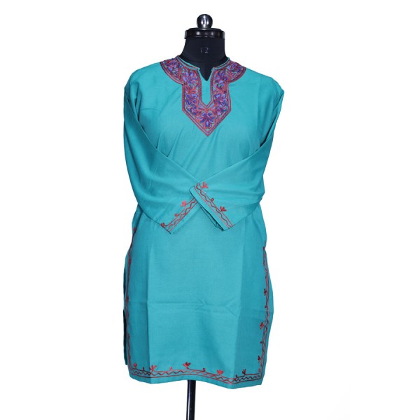 vibrant turquoise shade intricate embroidery pheran