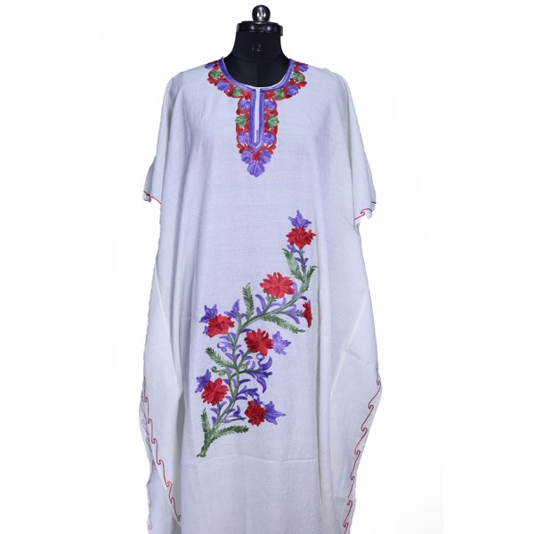 Ivory Floral-Embroidered Kaftan