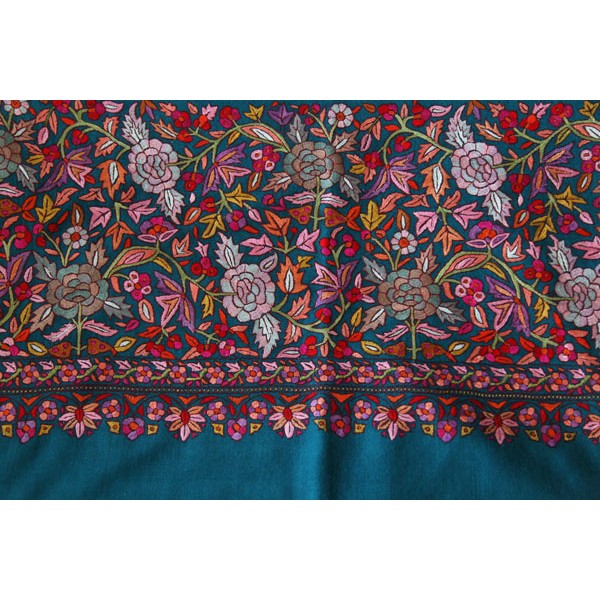 Teal Pashmina with Multicolored Kashmiri Embroidery shawl