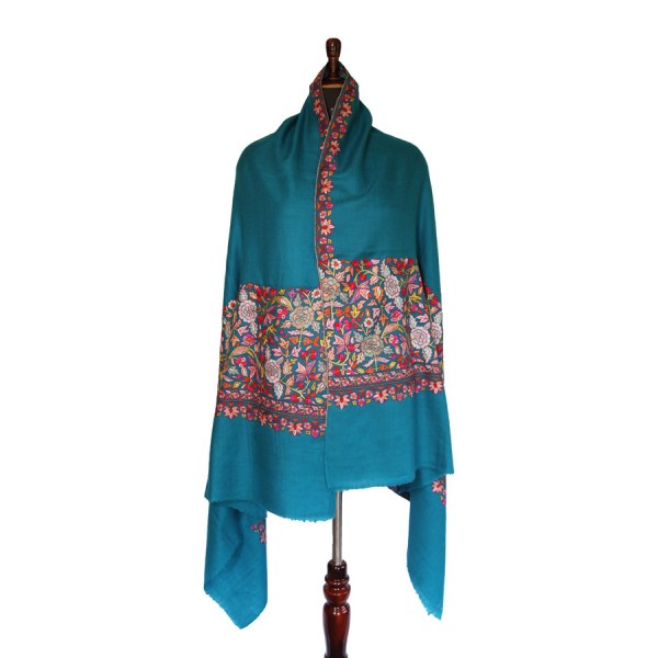 Teal Pashmina with Multicolored Kashmiri Embroider...