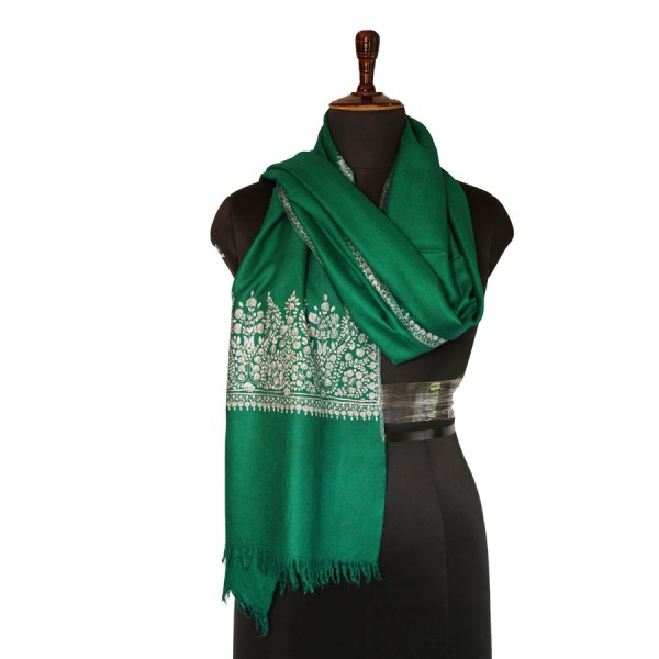 Emerald green base fabric Kashmiri Embroidery Shawl