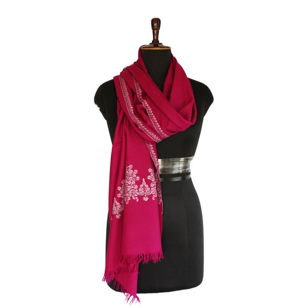 White-Embroidered Magenta Pashmina