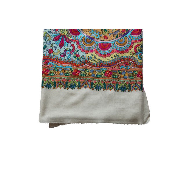 Harmonious blend of bright colors, including reds, greens, blues |Kashmiri Pashmina Shawl