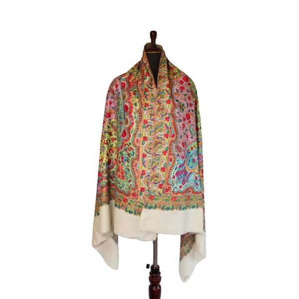 Harmonious blend of bright colors, including reds, greens, blues |Kashmiri Pashmina Shawl