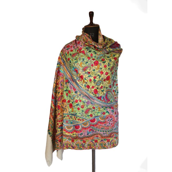 Harmonious blend of bright colors, including reds, greens, blues |Kashmiri Pashmina Shawl