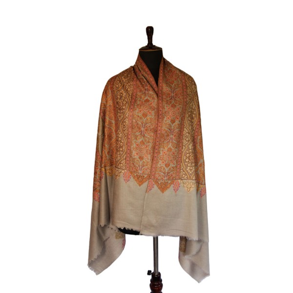 Muted grey base color vibrant gold, red, and green Embroidery Kashmiri Pashmina Shawl