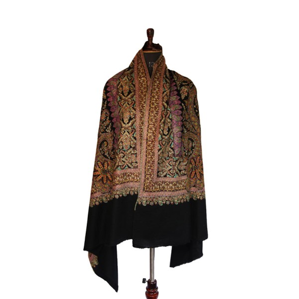 Dominant black hue and complementary gold, red, green, and purple accent Midnight Elegance Pashmina Shawl 