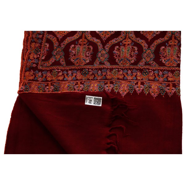 complementary gold, green, blue, and pink accents Crimson Kashmiri Pashmina Shawl 