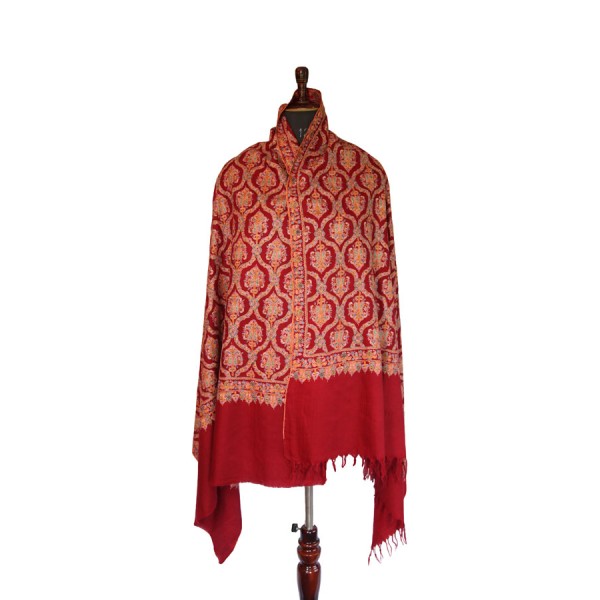 complementary gold, green, blue, and pink accents Crimson Kashmiri Pashmina Shawl 