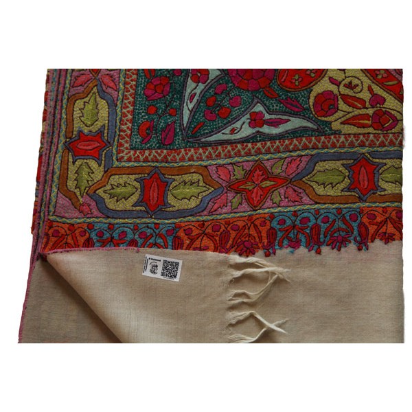 Muted beige base color and contrasting vibrant embroidery Floral Symphony Pashmina Shawl