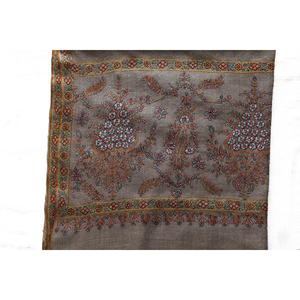 Taupe Pashmina Shawl with Floral and Paisley Embroidery