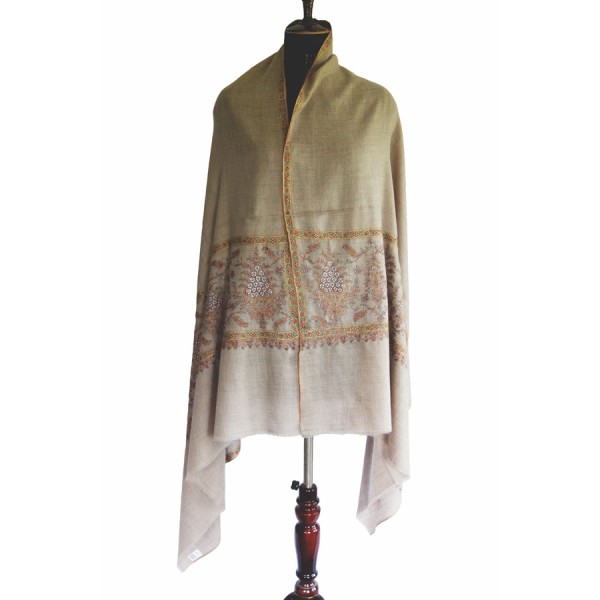 Taupe Pashmina Shawl with Floral and Paisley Embroidery