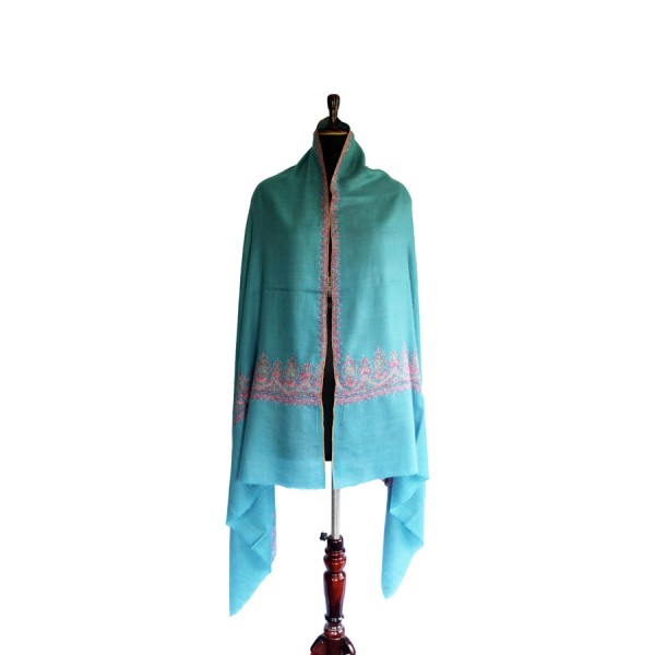 Turquoise Pashmina Shawl with Intricate Paisley Embroidery